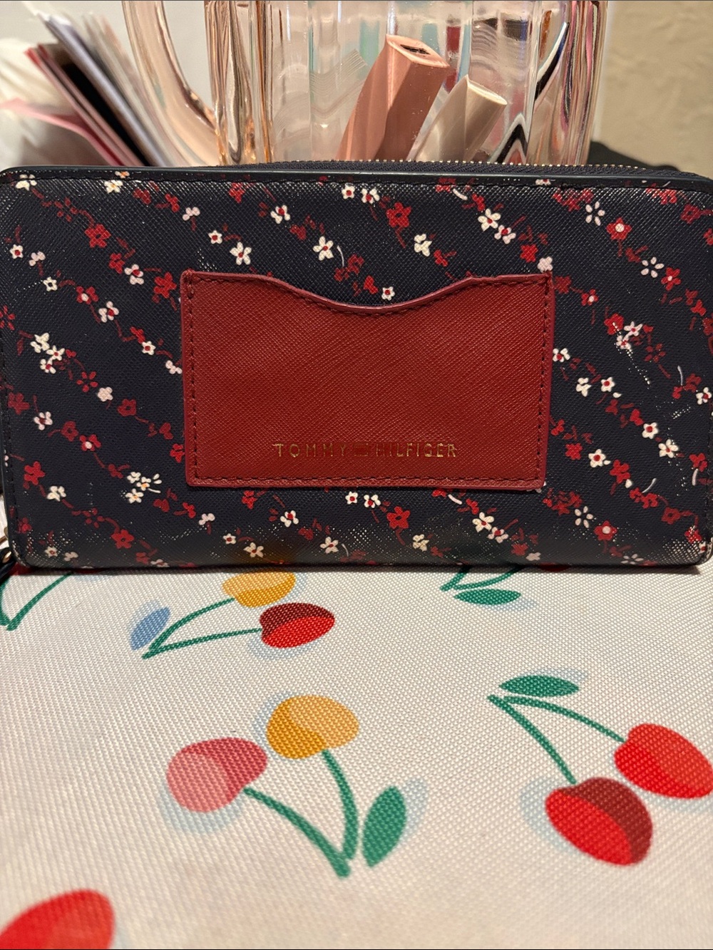 Tommy Hilfiger Navy Floral Continental Wallet with Red Card Pocket